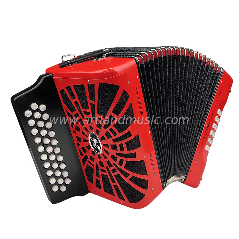Acordeón diatónico de 31 teclas, 12 bajos, rojo y amarillo (BAT3112F)